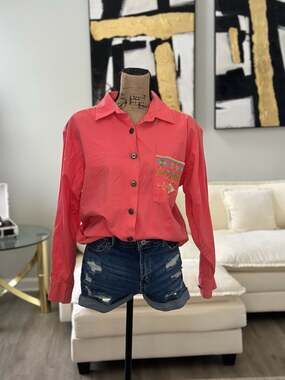 Vintage B. Diffusion Salmon Pink Southwestern Embroidered Button Down